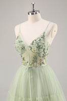 Load image into Gallery viewer, Green Floral Corset Tulle Short Prom Dress with Appliques