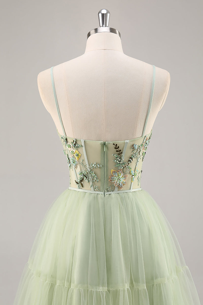 Load image into Gallery viewer, Green Floral Corset Tulle Short Prom Dress with Appliques