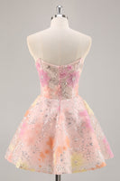 Load image into Gallery viewer, Sparkly Pink Corset Floral Strapless Short Prom Dress with Beading
