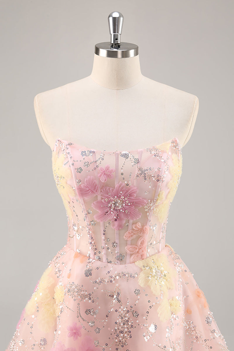 Load image into Gallery viewer, Sparkly Pink Corset Floral Strapless Short Prom Dress with Beading