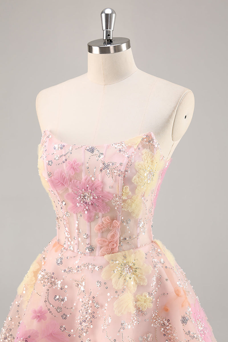 Load image into Gallery viewer, Sparkly Pink Corset Floral Strapless Short Prom Dress with Beading