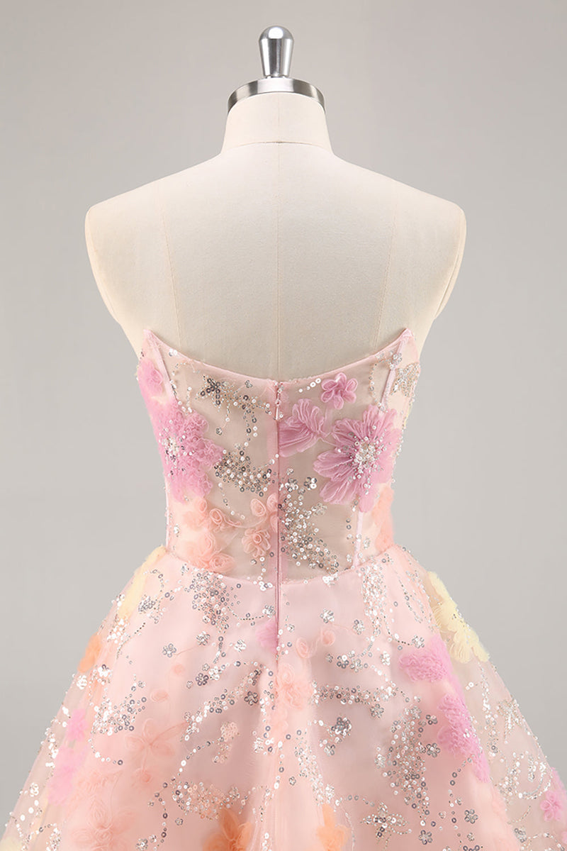 Load image into Gallery viewer, Sparkly Pink Corset Floral Strapless Short Prom Dress with Beading