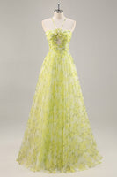 Load image into Gallery viewer, Yellow Green Floral Ruched Tulle Long Prom Dress with Keyhole