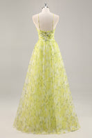 Load image into Gallery viewer, Yellow Green Floral Ruched Tulle Long Prom Dress with Keyhole
