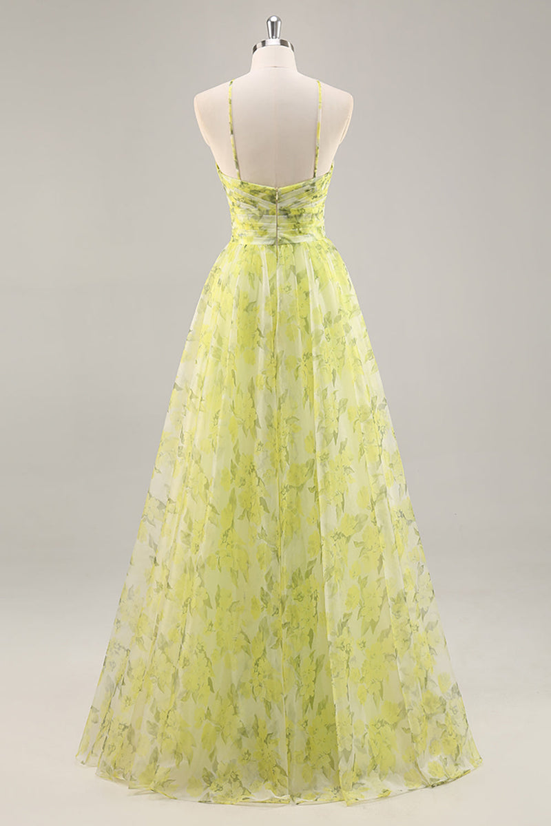 Load image into Gallery viewer, Yellow Green Floral Ruched Tulle Long Prom Dress with Keyhole