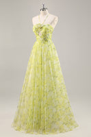 Load image into Gallery viewer, Yellow Green Floral Ruched Tulle Long Prom Dress with Keyhole