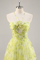 Load image into Gallery viewer, Yellow Green Floral Ruched Tulle Long Prom Dress with Keyhole