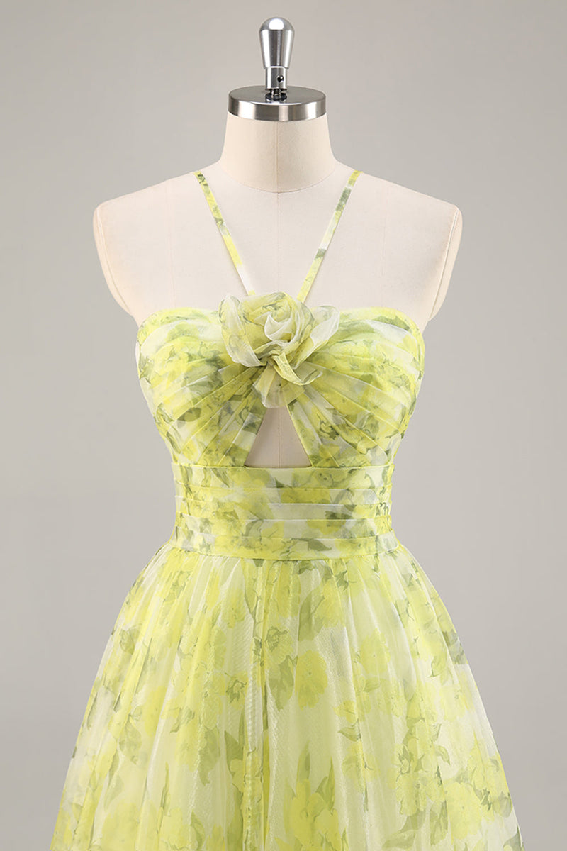 Load image into Gallery viewer, Yellow Green Floral Ruched Tulle Long Prom Dress with Keyhole