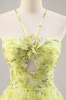 Load image into Gallery viewer, Yellow Green Floral Ruched Tulle Long Prom Dress with Keyhole