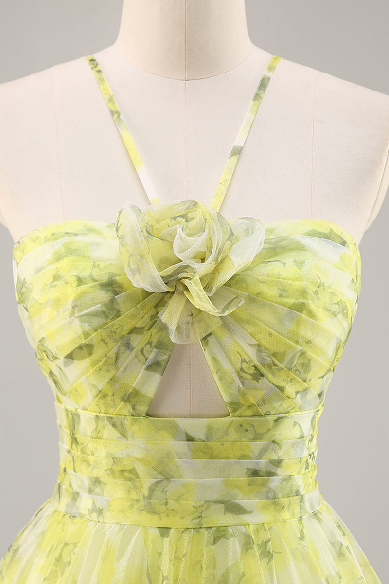 Load image into Gallery viewer, Yellow Green Floral Ruched Tulle Long Prom Dress with Keyhole