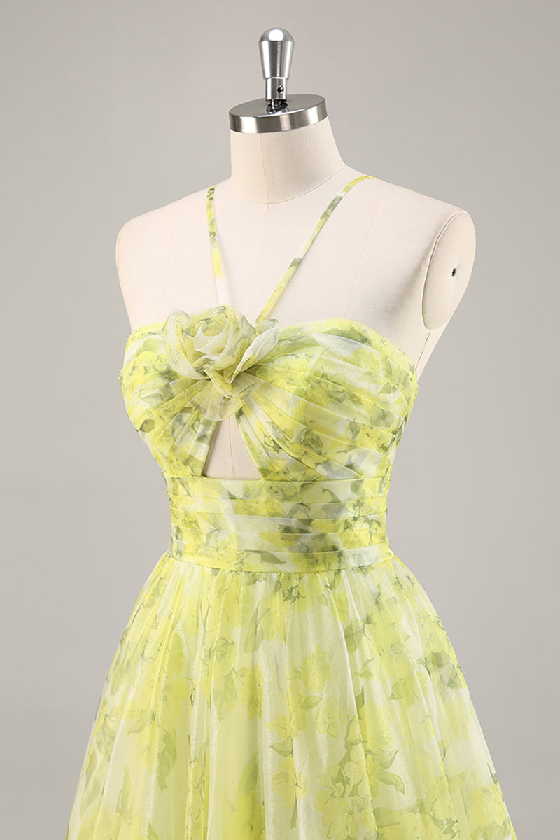 Load image into Gallery viewer, Yellow Green Floral Ruched Tulle Long Prom Dress with Keyhole