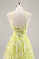 Load image into Gallery viewer, Yellow Green Floral Ruched Tulle Long Prom Dress with Keyhole