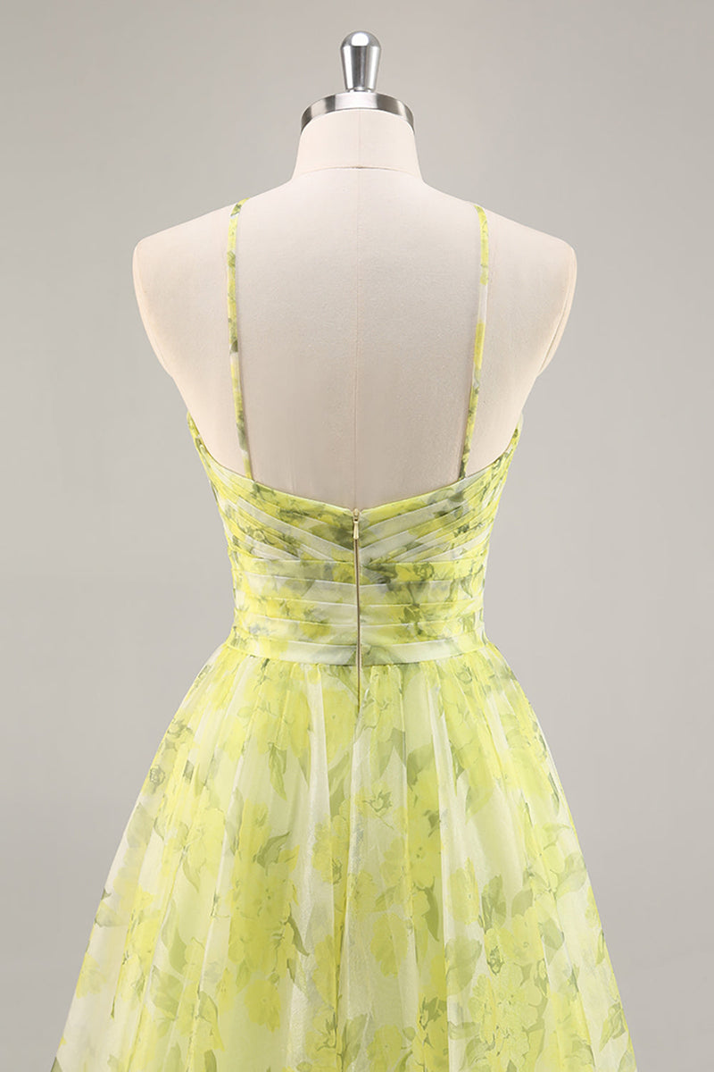 Load image into Gallery viewer, Yellow Green Floral Ruched Tulle Long Prom Dress with Keyhole