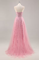 Load image into Gallery viewer, Sparkly Corset Spaghetti Straps Tulle Maxi Pink Prom Dress with Sequins