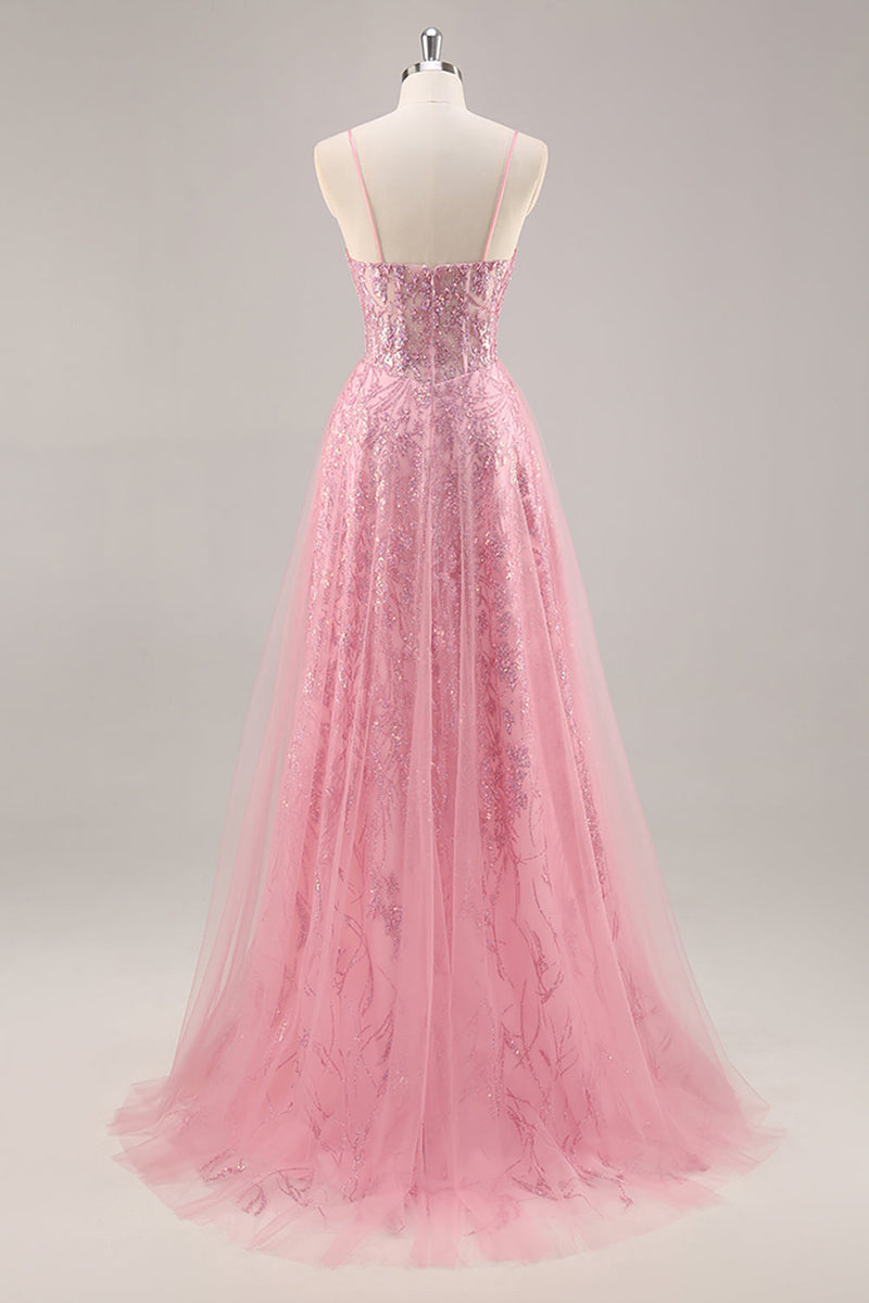 Load image into Gallery viewer, Sparkly Corset Spaghetti Straps Tulle Maxi Pink Prom Dress with Sequins