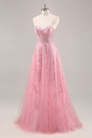 Load image into Gallery viewer, Sparkly Corset Spaghetti Straps Tulle Maxi Pink Prom Dress with Sequins