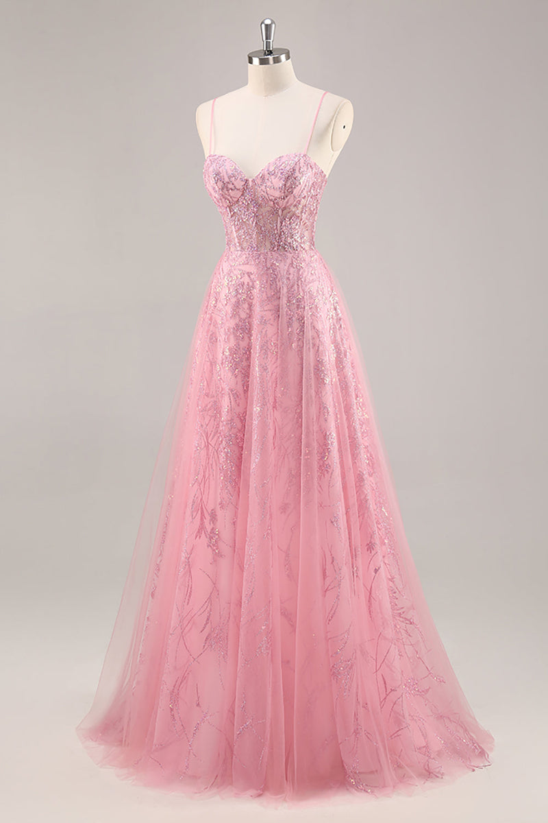 Load image into Gallery viewer, Sparkly Corset Spaghetti Straps Tulle Maxi Pink Prom Dress with Sequins