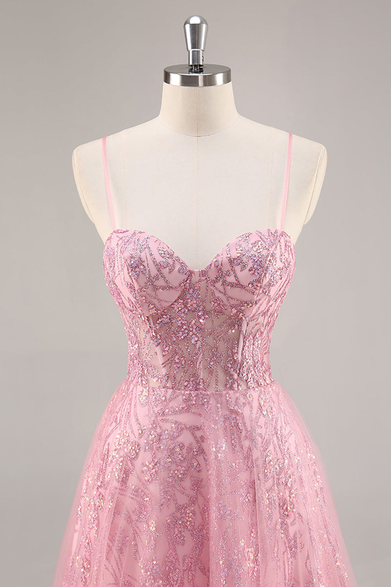 Load image into Gallery viewer, Sparkly Corset Spaghetti Straps Tulle Maxi Pink Prom Dress with Sequins