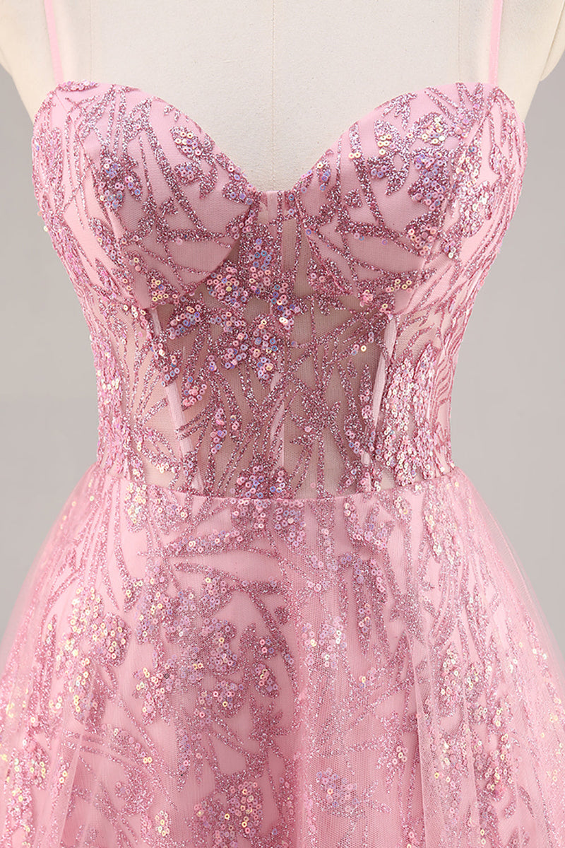 Load image into Gallery viewer, Sparkly Corset Spaghetti Straps Tulle Maxi Pink Prom Dress with Sequins