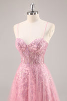 Load image into Gallery viewer, Sparkly Corset Spaghetti Straps Tulle Maxi Pink Prom Dress with Sequins