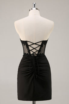 Black Bodycon Satin Short Corset Prom Dress with Lace
