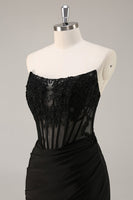 Load image into Gallery viewer, Black Bodycon Satin Short Corset Prom Dress with Lace