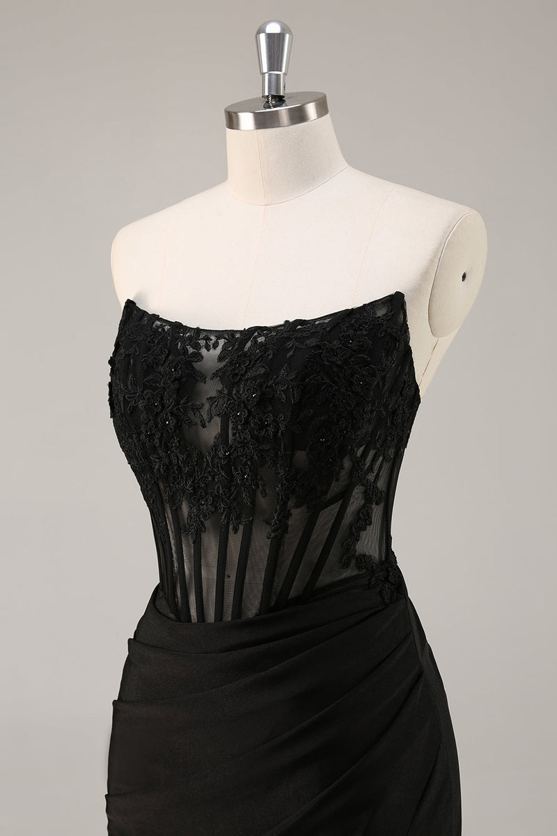 Load image into Gallery viewer, Black Bodycon Satin Short Corset Prom Dress with Lace