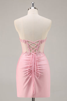 Pink Bodycon Corset Short Prom Dress with Lace