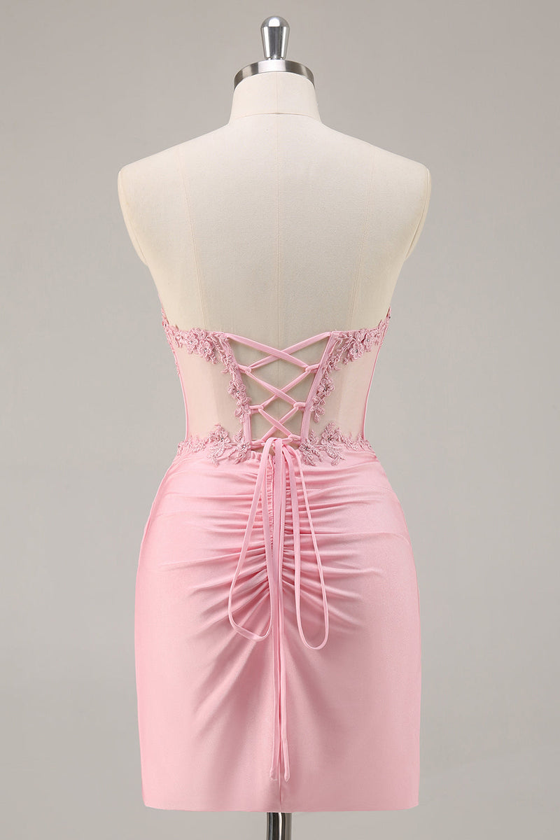 Load image into Gallery viewer, Pink Bodycon Corset Short Prom Dress with Lace