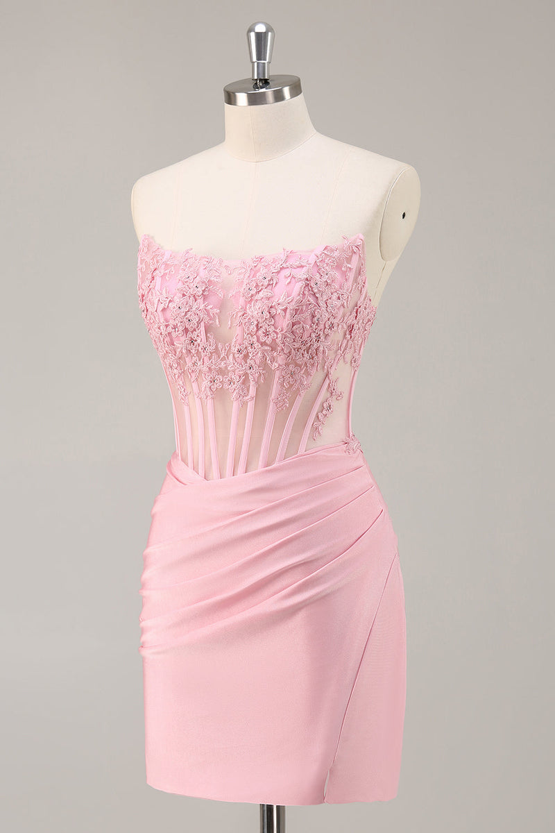 Load image into Gallery viewer, Pink Bodycon Corset Short Prom Dress with Lace