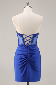 Royal Blue Satin Corset Short Prom Dress with Lace