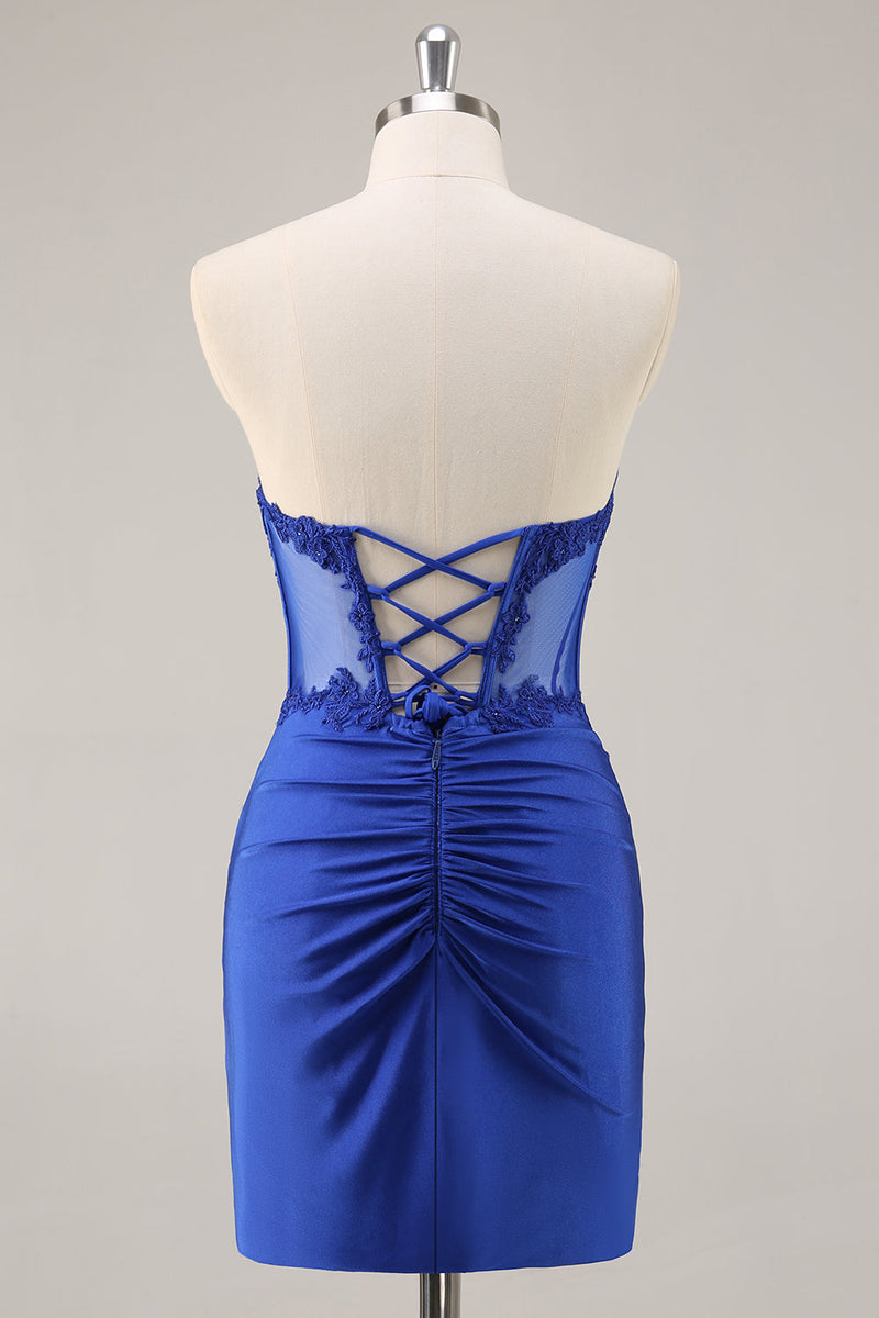 Load image into Gallery viewer, Royal Blue Satin Corset Short Prom Dress with Lace