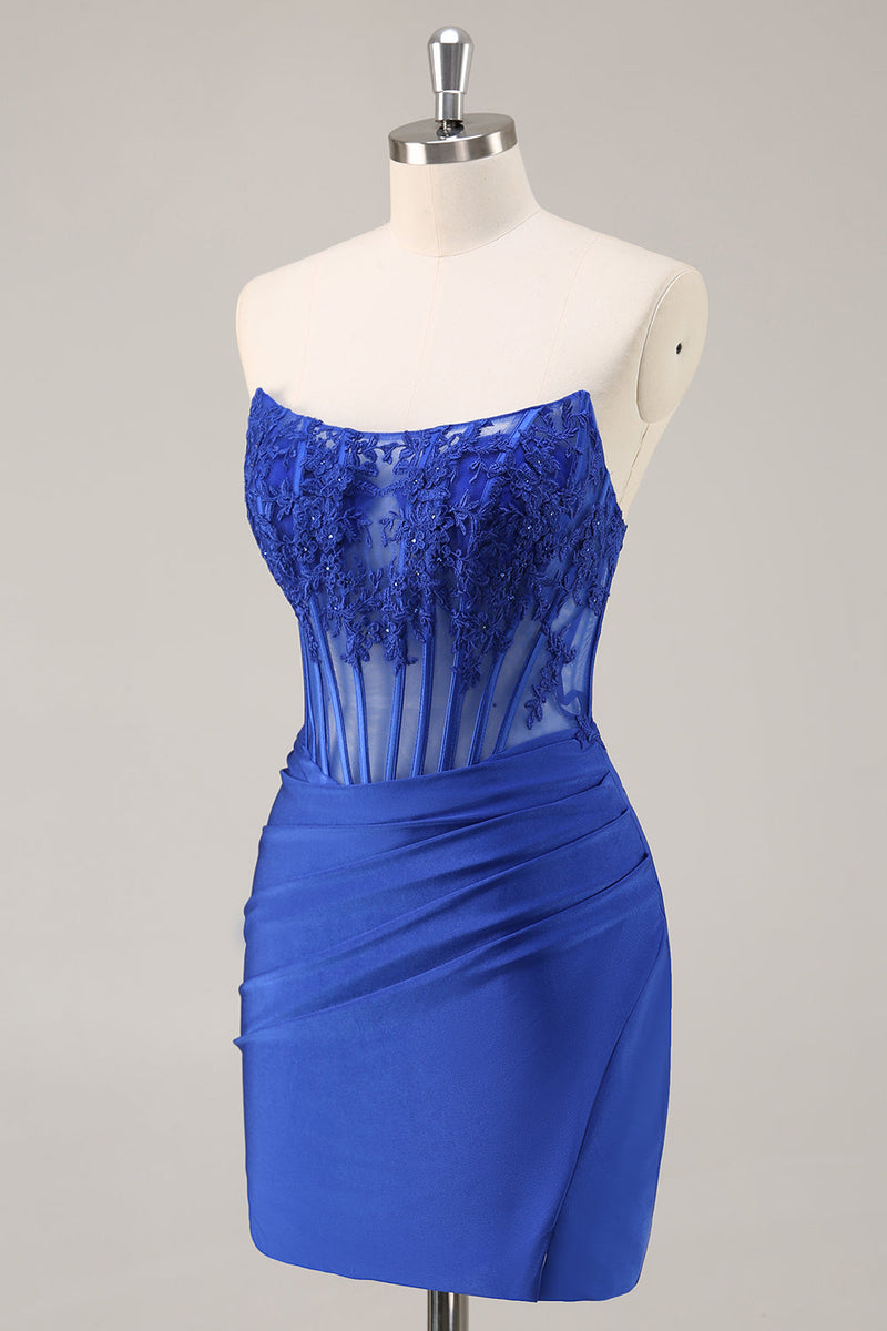 Load image into Gallery viewer, Royal Blue Satin Corset Short Prom Dress with Lace