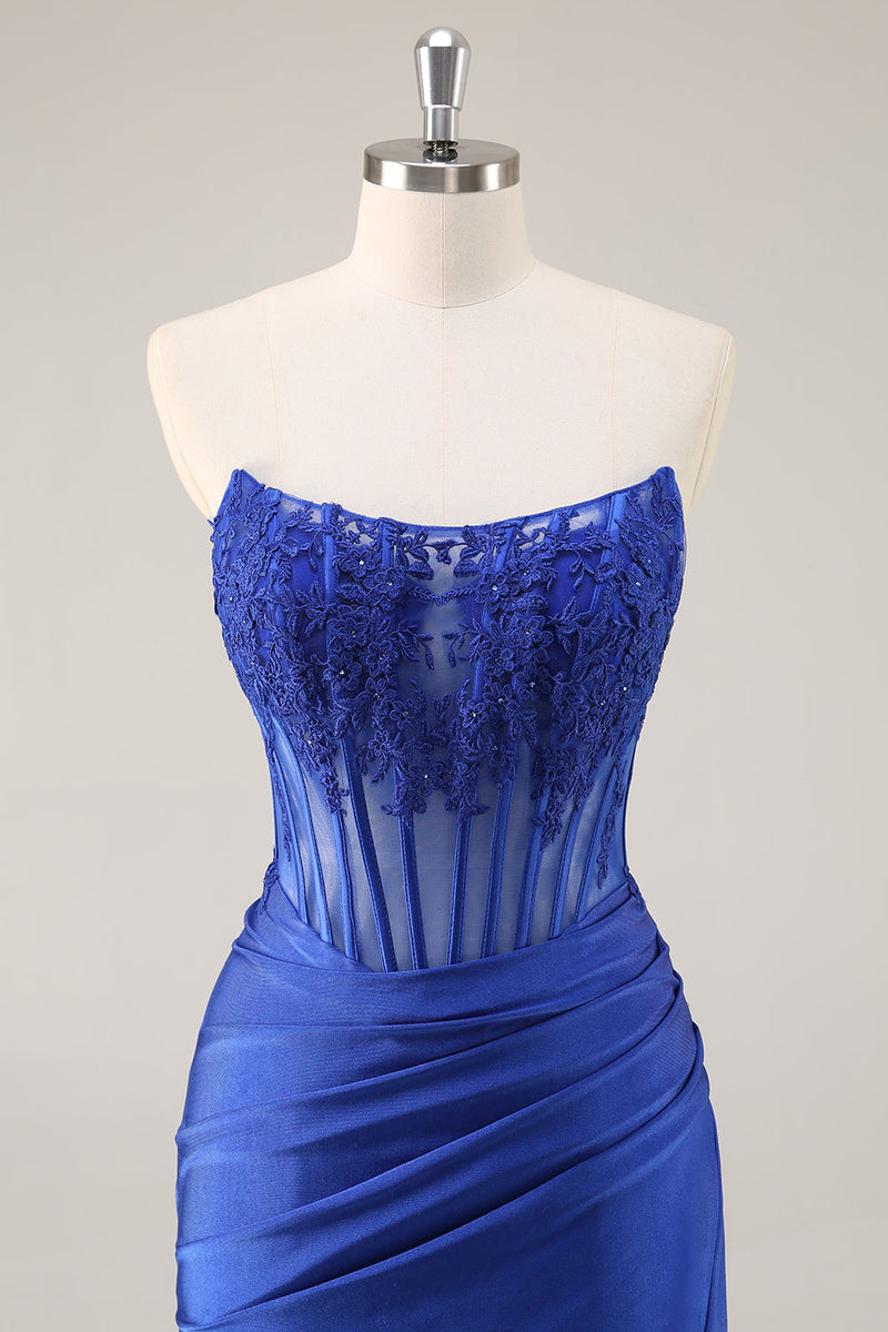 Load image into Gallery viewer, Royal Blue Satin Corset Short Prom Dress with Lace
