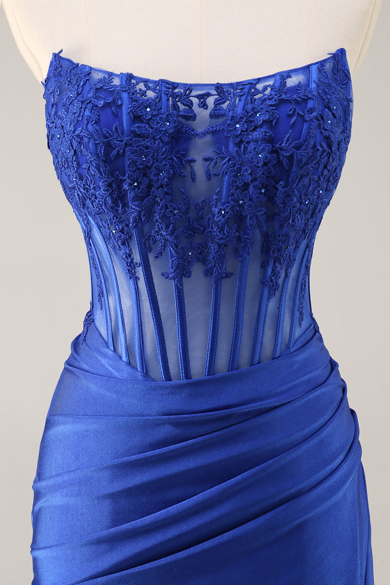 Load image into Gallery viewer, Royal Blue Satin Corset Short Prom Dress with Lace