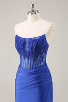 Load image into Gallery viewer, Royal Blue Satin Corset Short Prom Dress with Lace