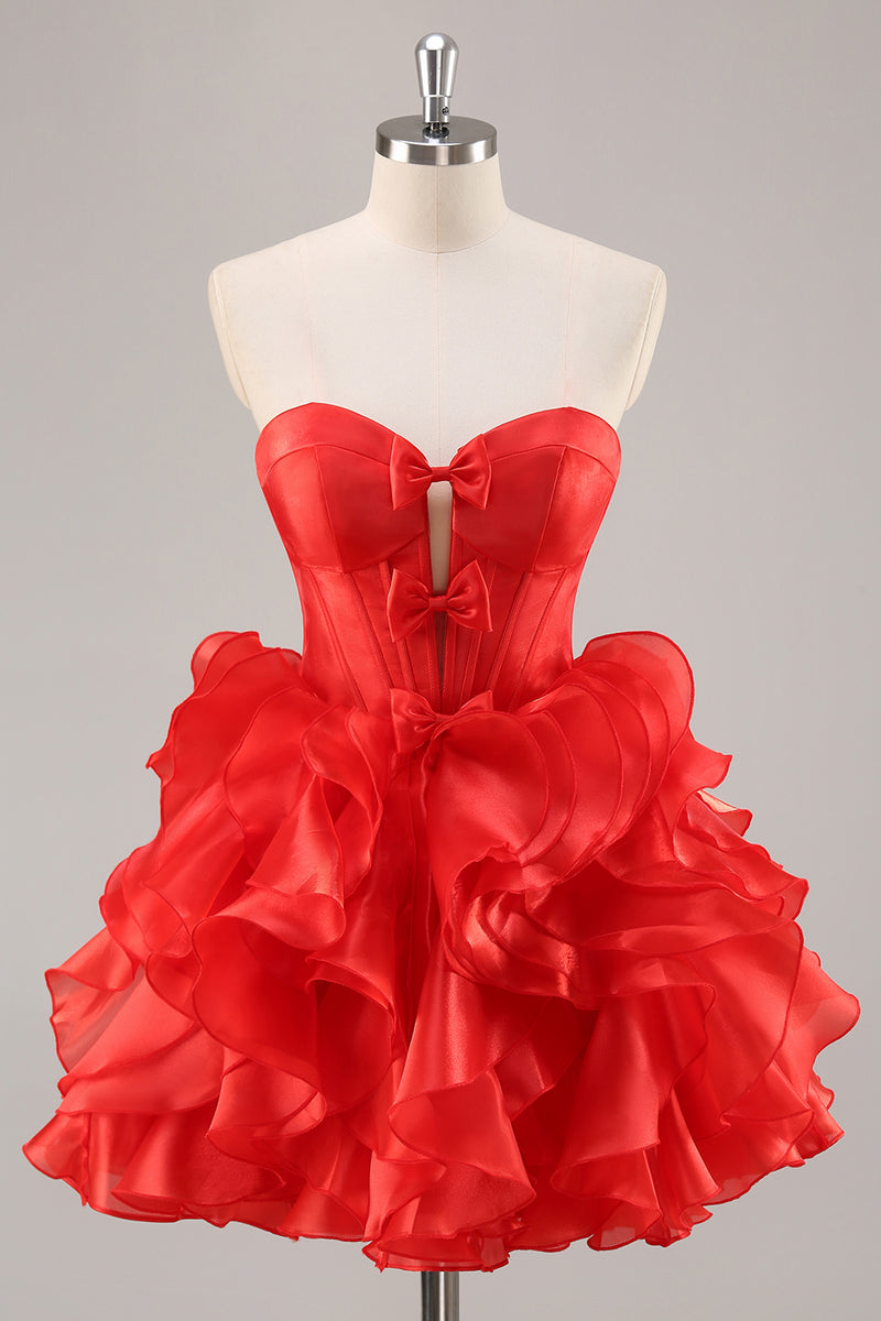 Load image into Gallery viewer, Red Organza Corset Ruffled Short Prom Dress with Bows