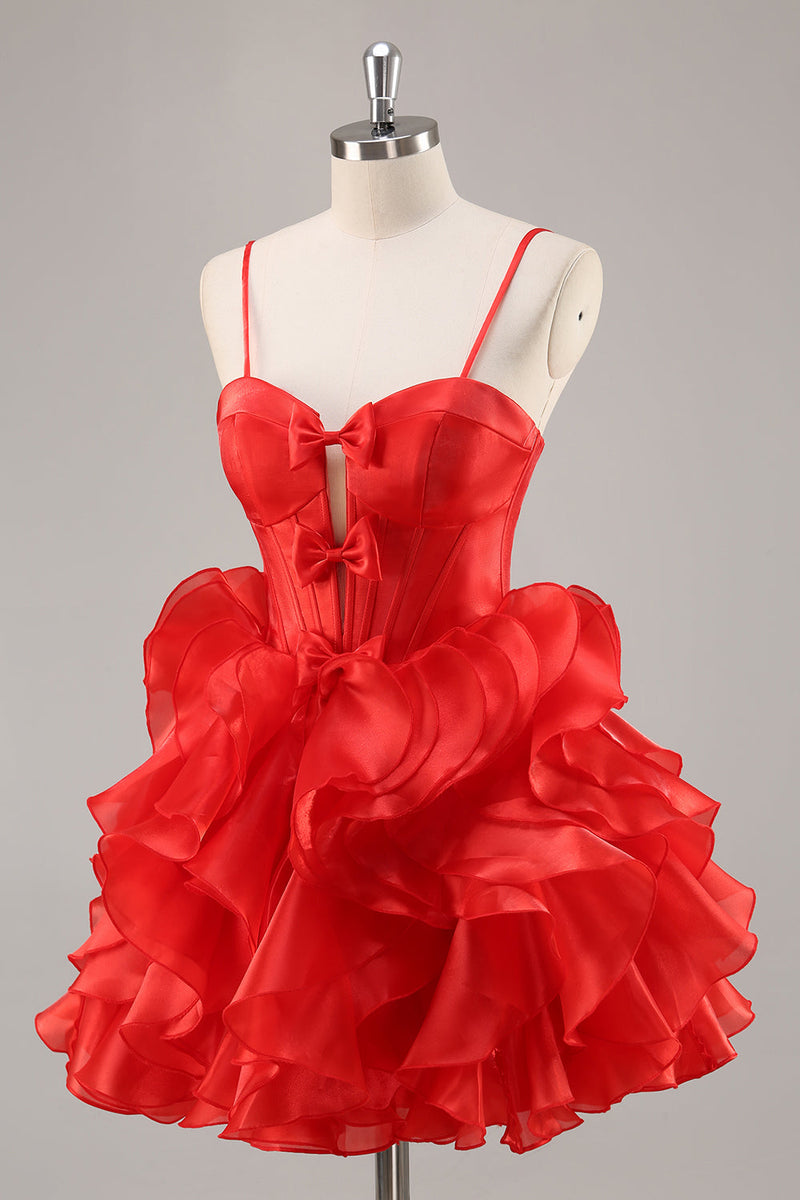Load image into Gallery viewer, Red Organza Corset Ruffled Short Prom Dress with Bows