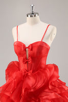 Load image into Gallery viewer, Red Organza Corset Ruffled Short Prom Dress with Bows