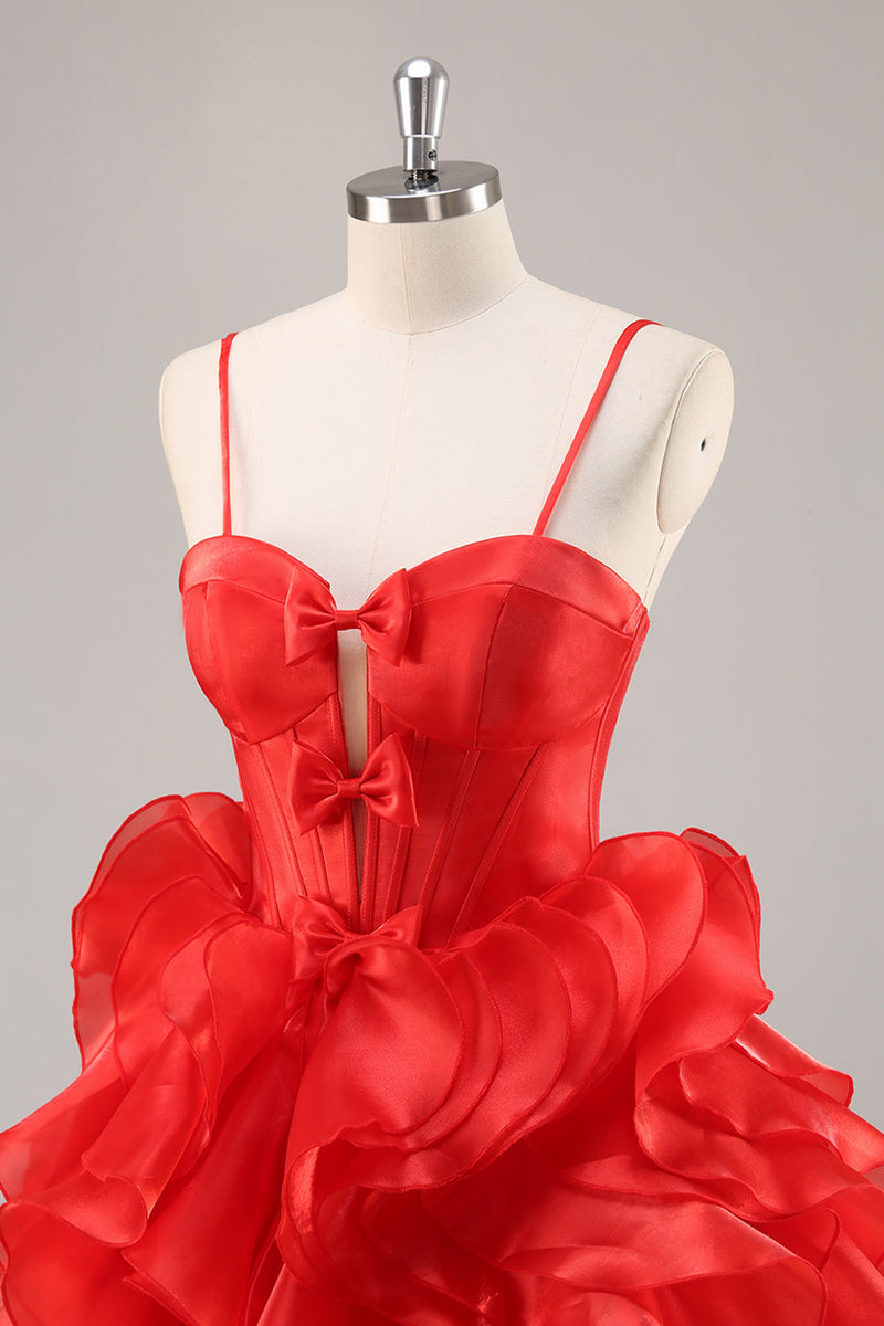 Load image into Gallery viewer, Red Organza Corset Ruffled Short Prom Dress with Bows