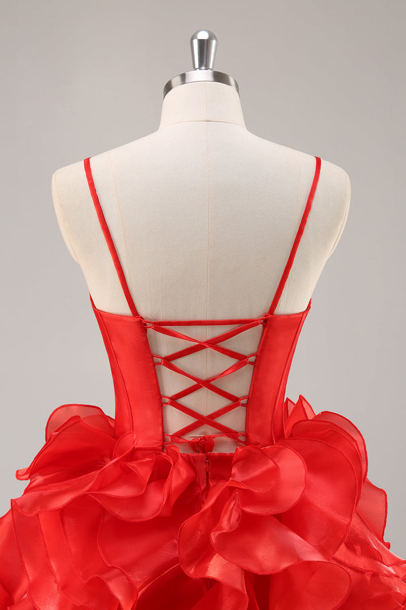Load image into Gallery viewer, Red Organza Corset Ruffled Short Prom Dress with Bows
