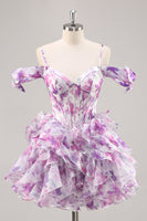Load image into Gallery viewer, Purple Floral Cold Shoulder Chiffon Corset Short Prom Dress