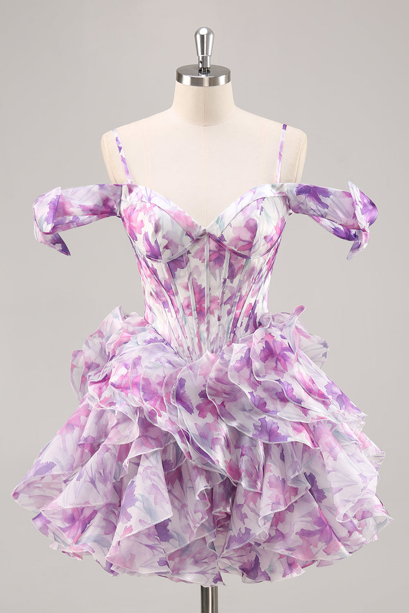 Load image into Gallery viewer, Purple Floral Cold Shoulder Chiffon Corset Short Prom Dress