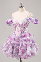 Load image into Gallery viewer, Purple Floral Cold Shoulder Chiffon Corset Short Prom Dress