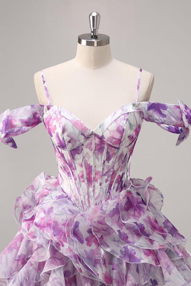 Load image into Gallery viewer, Purple Floral Cold Shoulder Chiffon Corset Short Prom Dress
