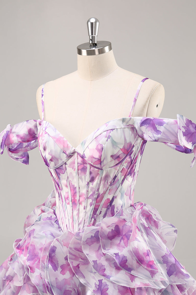 Load image into Gallery viewer, Purple Floral Cold Shoulder Chiffon Corset Short Prom Dress