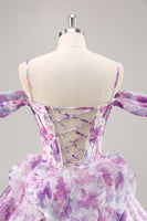 Load image into Gallery viewer, Purple Floral Cold Shoulder Chiffon Corset Short Prom Dress