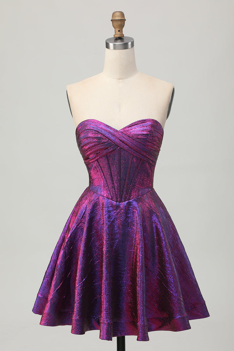 Load image into Gallery viewer, Metallic Dark Purple Sweetheart Short Corset Prom Dress