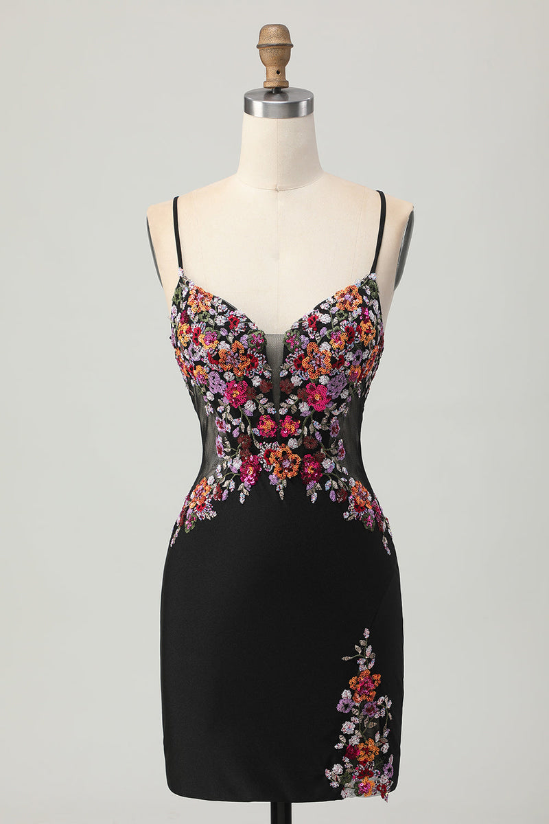 Load image into Gallery viewer, Floral Black Bodycon Spaghetti Straps Short Corset Prom Dress