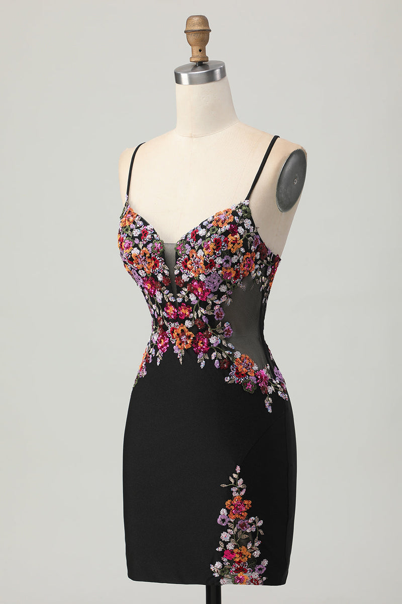 Load image into Gallery viewer, Floral Black Bodycon Spaghetti Straps Short Corset Prom Dress